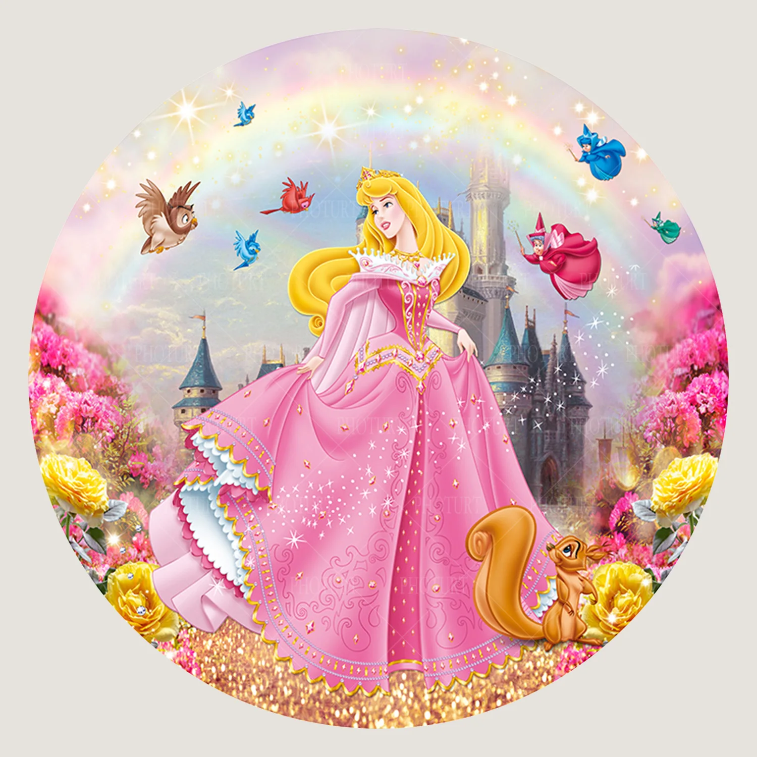 Disney Round Sleeping Beauty Princess Backdrop Kids Birthday Photography Background Pink Circle Surface Banner Decoration Props