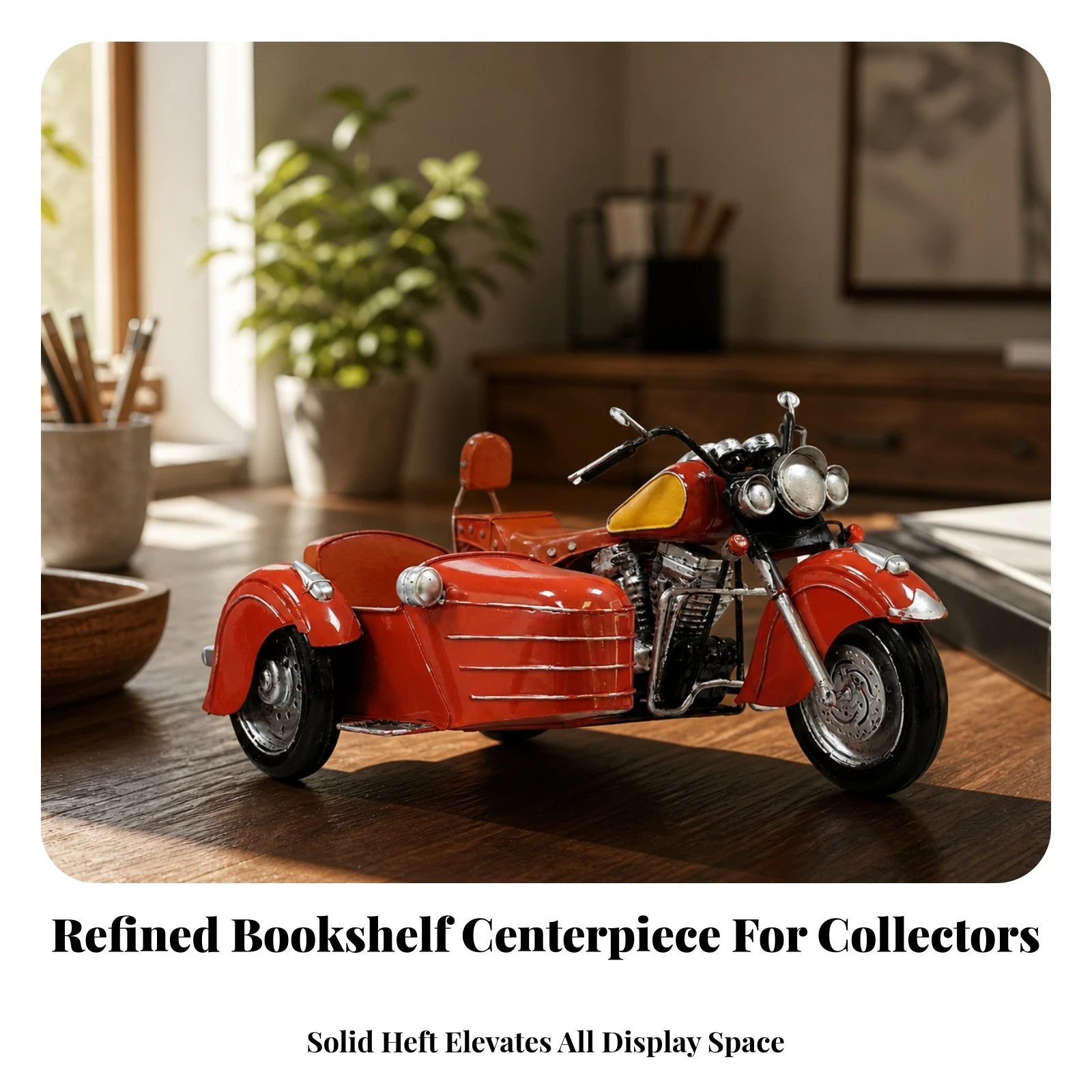 Handcrafted Metal Motorcycle Sidecar Display Piece with Detailed Engine Components for Home Office Decor
