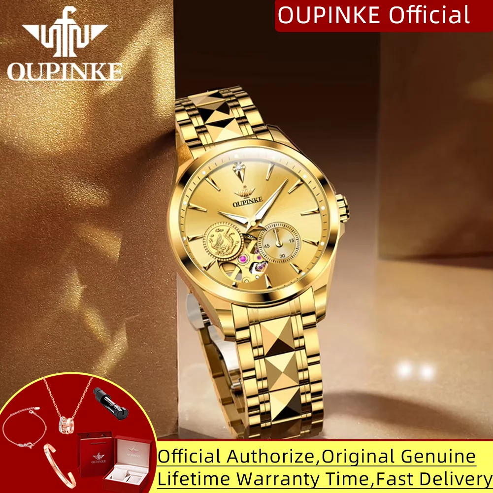 

OUPINKE 3260 Automatic Woman Watches Fashion Hollow Phoenix Real Gold Real Diamond Automatic Mechanical Wristwatch Ladies Watch