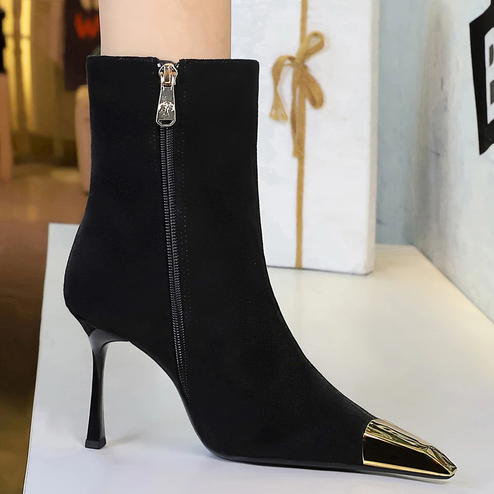 BIGTREE Shoes 2026 Suede Women Boots Sexy Metal Pointed Leather Boots Side Zipper Ladies Ankle Boots Stiletto High-heeled Boots