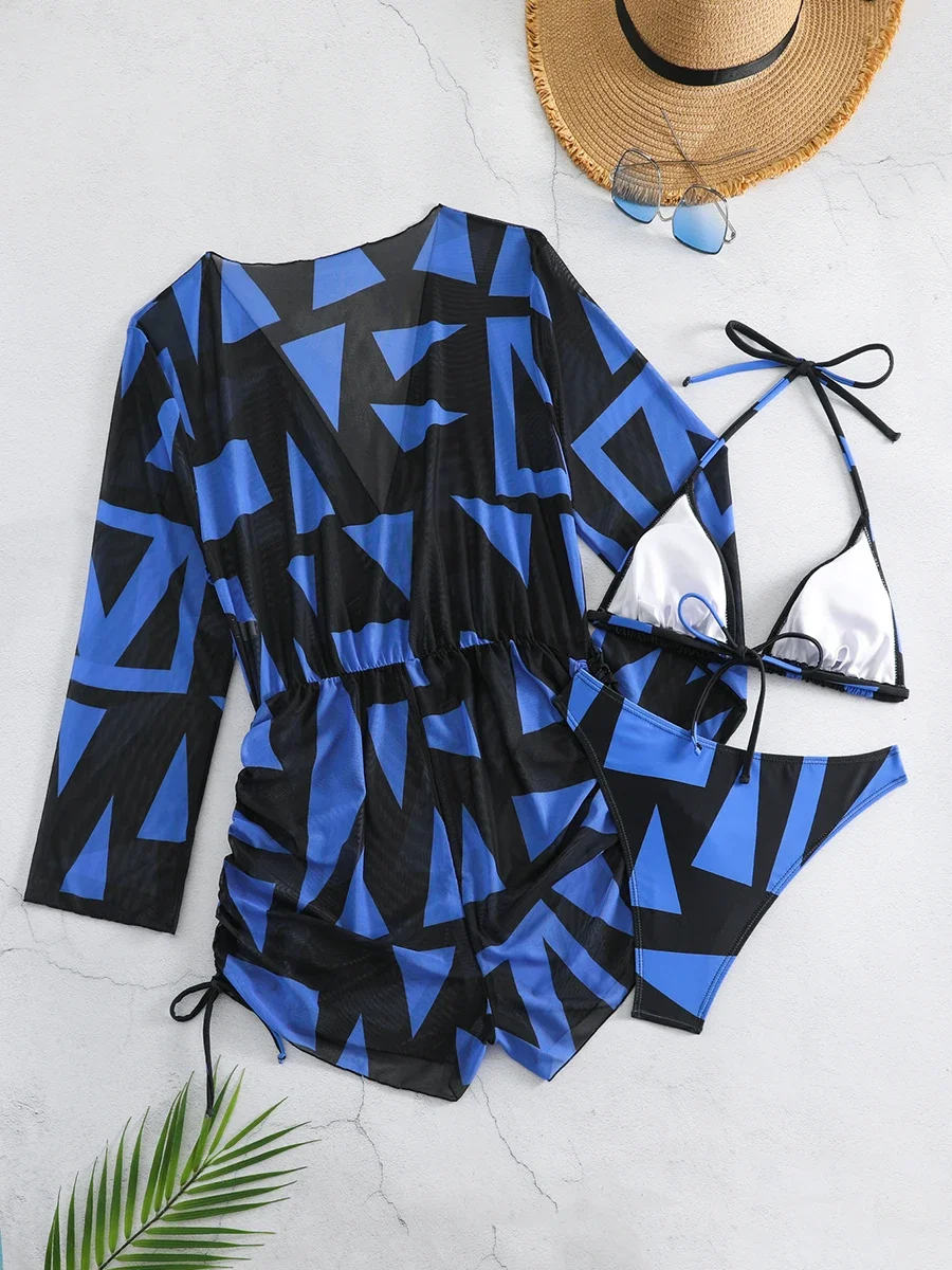 3 Pieces 2025 String Printed Batwing Long Sleeves Drawstring Kimono Beach Swim Vcay Ombre Drawstring Cover Up Ladies Tops