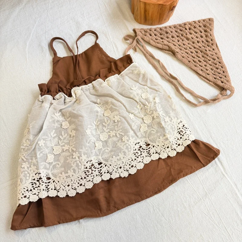 Boutique Kids Summer Clothes Baby Girls Lace Stitching Dress Toddler Lolita Slip Dress Kawaii Brown Linen Dress Cotton 1-7y