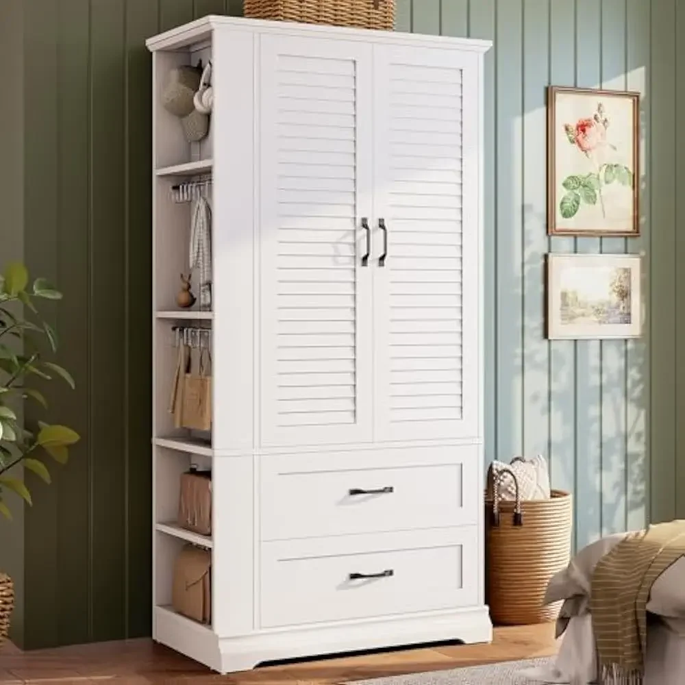 

70.87" H Armoire Wardrobe Closet, Wooden Bedroom Armoire w/2 Louvered Doors, 2 Drawers & Shelves, Large Clothing Storage Cabinet