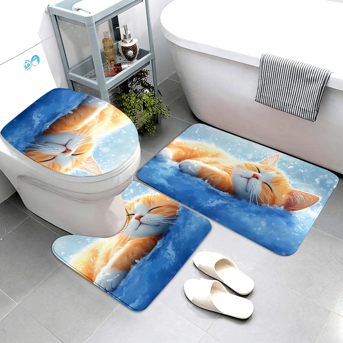 

Набор для ванной комнаты с милым спальным котом — мягкий и нескользящий контурный коврик, крышка унитаза и коврик для ванной для удобного домашнего декора