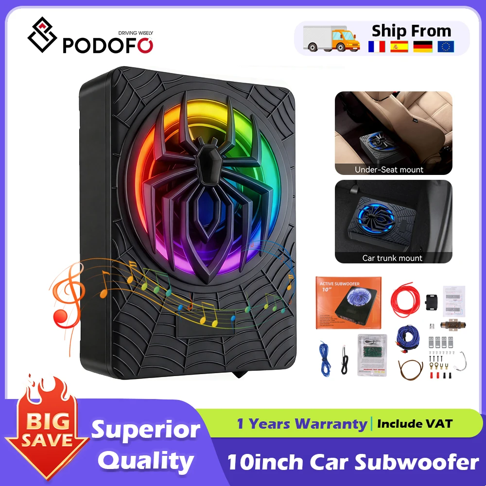Subwoofer de voiture Podofo 10 pouces 1200W, fin, sous le siège, amplificateur intégré, 1 pièce avec éclairage LED ambiant coloré, pack audio