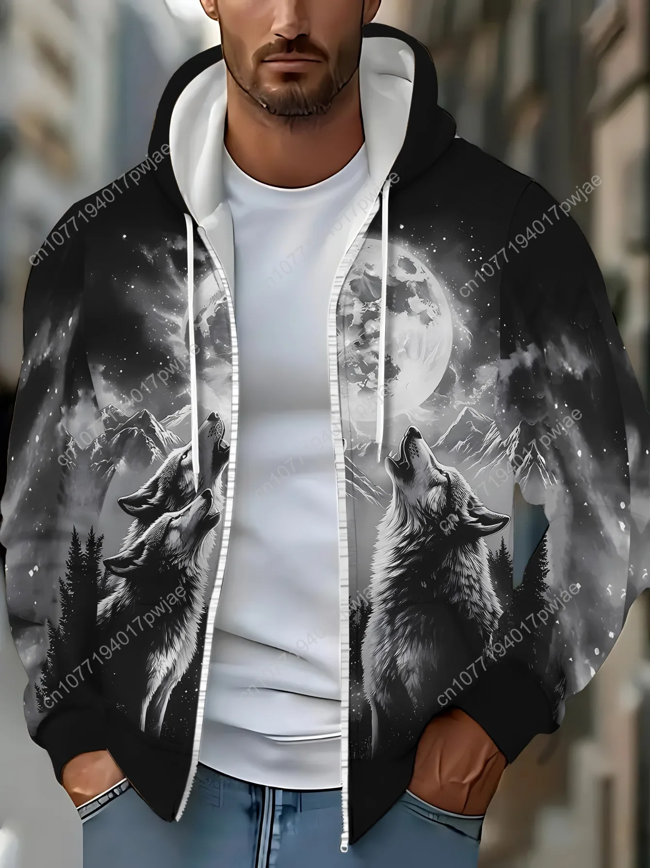 [Стильная толстовка с волком] Мужская толстовка с рисунком Wolf Howling at Moon из мягкого полиэстера |   Прочный и удобный, легкий повседневный спортивный спорт