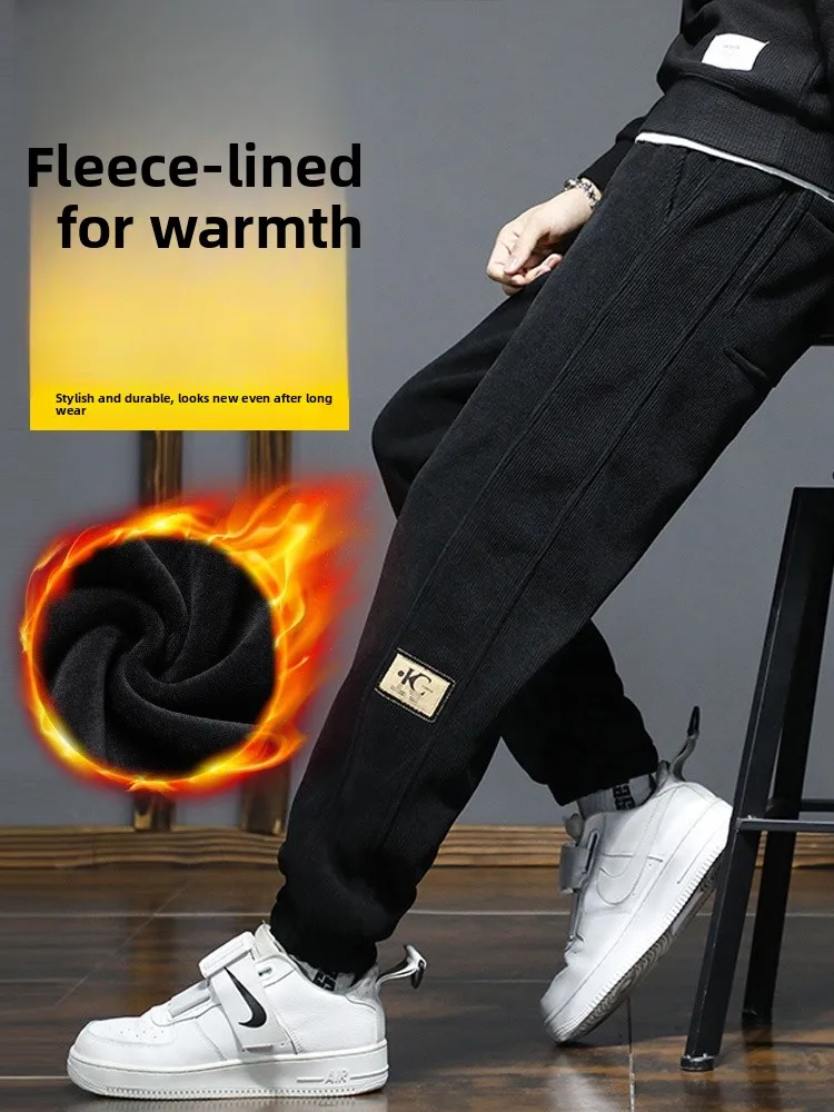 

Мужские зимние спортивные повседневные брюки Thiened Fce, свободные брюки из велюра с манжетами, молодежные, модные, не мнущиеся, длинные брюки
