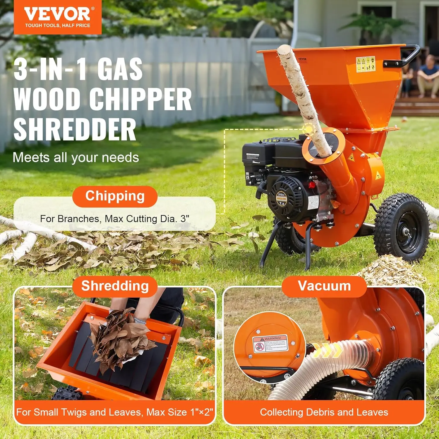 Wood Chipper Shredder Mulcher, 7HP Heavy Duty 3-in-1 Gas Powered Engine, 3