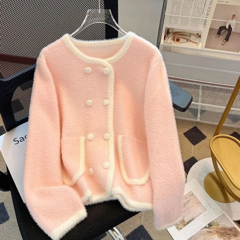 Women Autumn Winter Fashion Button Solid Color O-neck Waterproof Mink Women's Temperament A Celebrity Slim Cardigan Cardigan