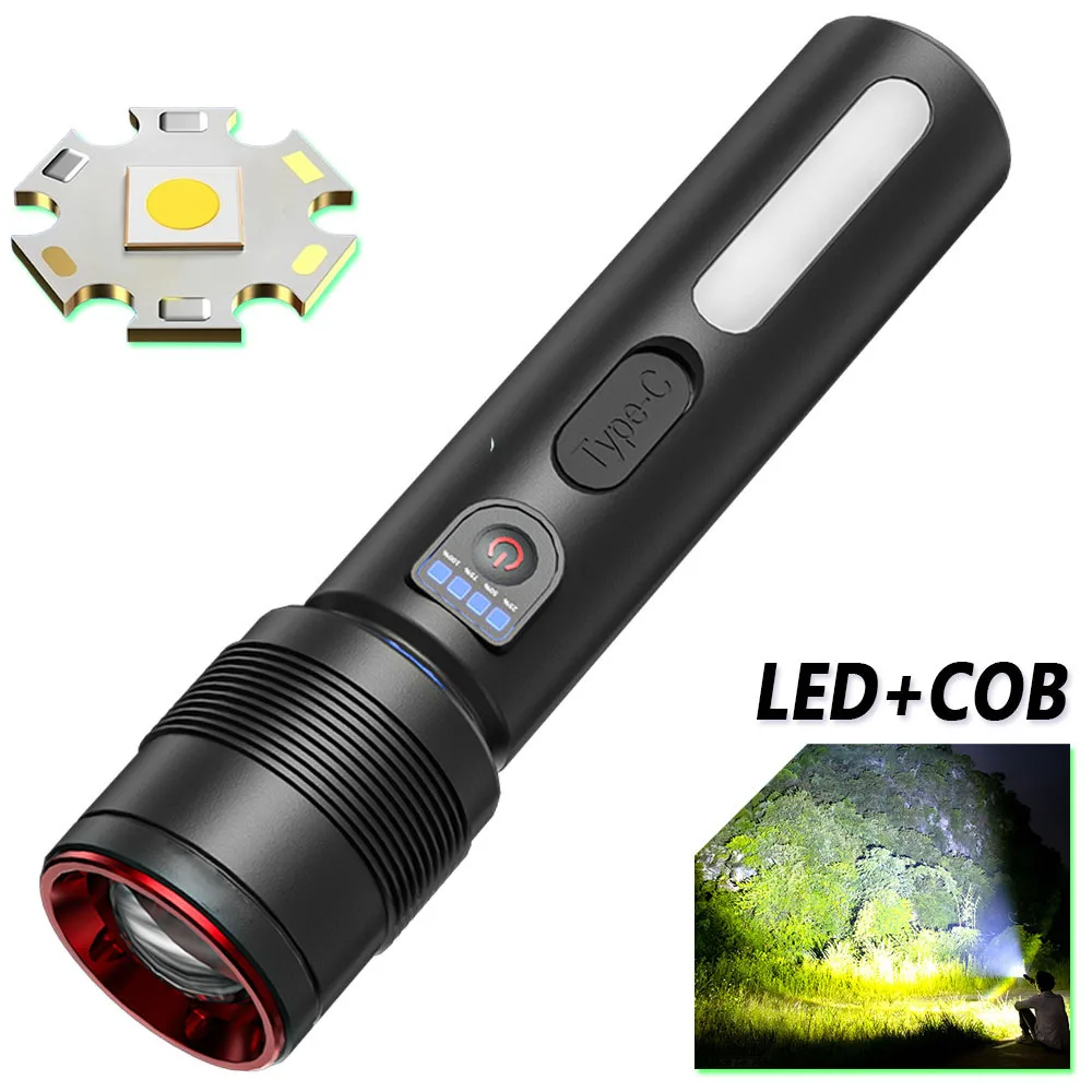 High Power Spotlight Long Range LED Flashlight With Luminous Strips Tail Glass breaker Zoomable Torch For Camping Emergency