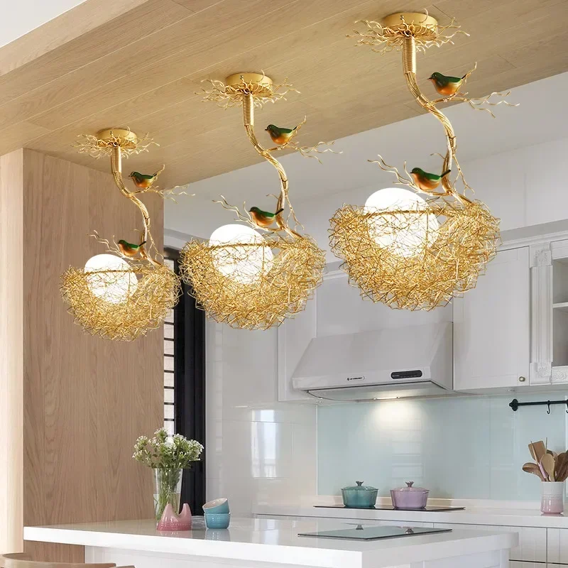 JIANKEXING Cottagecore Vogelnest-Kronleuchter für Wohnzimmer, Bar, Esstisch, Kücheninsel, Loft-Dekoration, hängende LED-Beleuchtungskörper