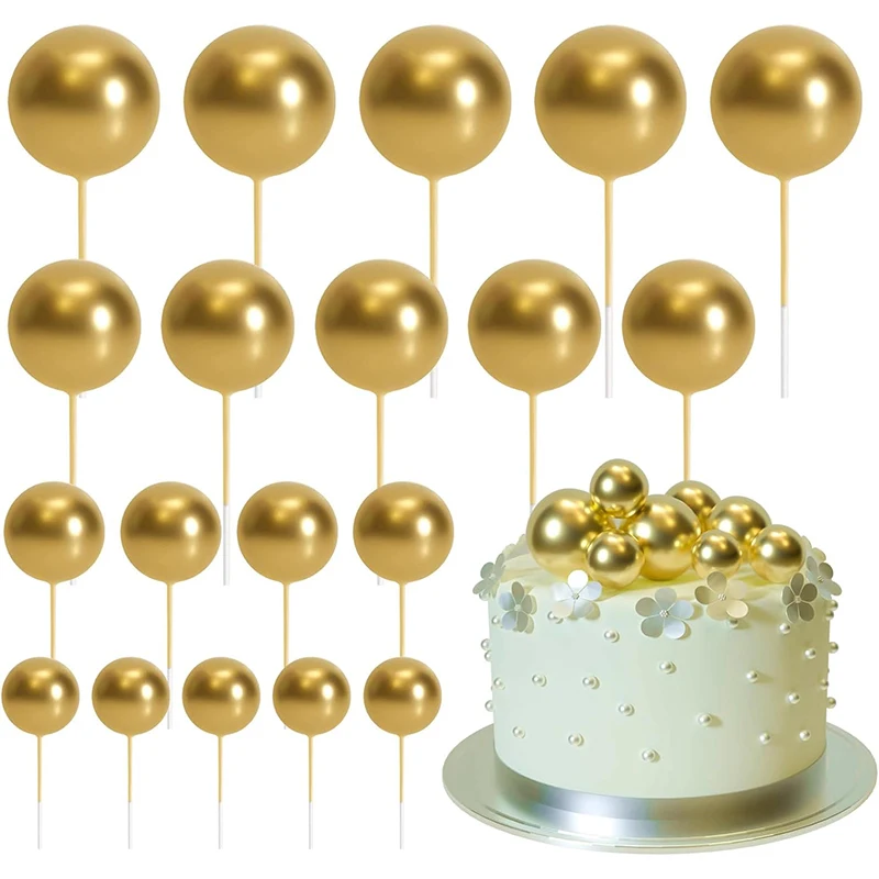 20pcs Cake Toppers Golden DIY Foam Ball Cake Toppers Cupcake Cake Insert Decorations Wedding Anniversary Birthday Party Supplies