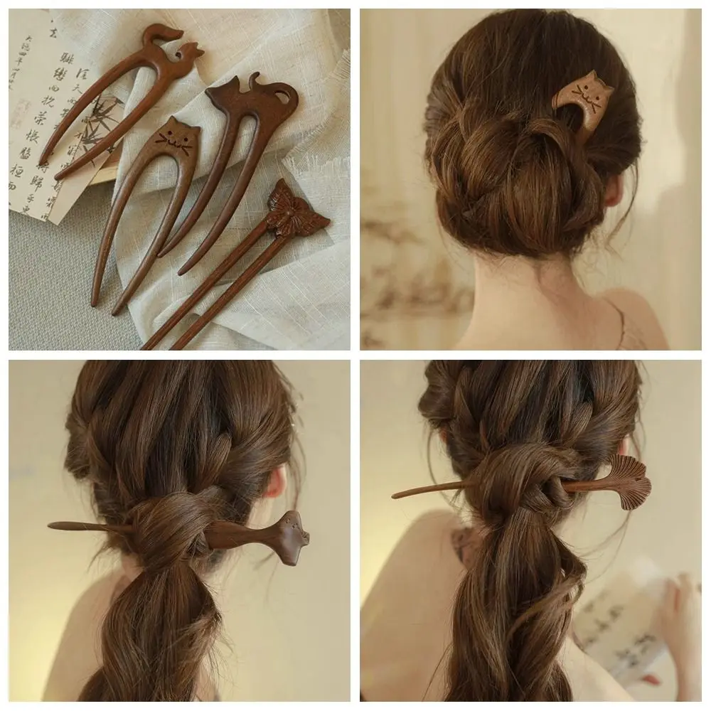 Tusuk Rambut Kayu Eksklusif Motif Kucing Kupu-kupu Gaya Cina Jepit Rambut Kelinci untuk Sanggul Hiasan Kepala Hanfu Wanita