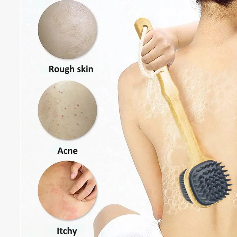 Sdotter Silicone Brush Head Back Scrubber Shower Brush With Long Wooden Handle Dry Skin Exfoliating Body Massage Cleaning Tool