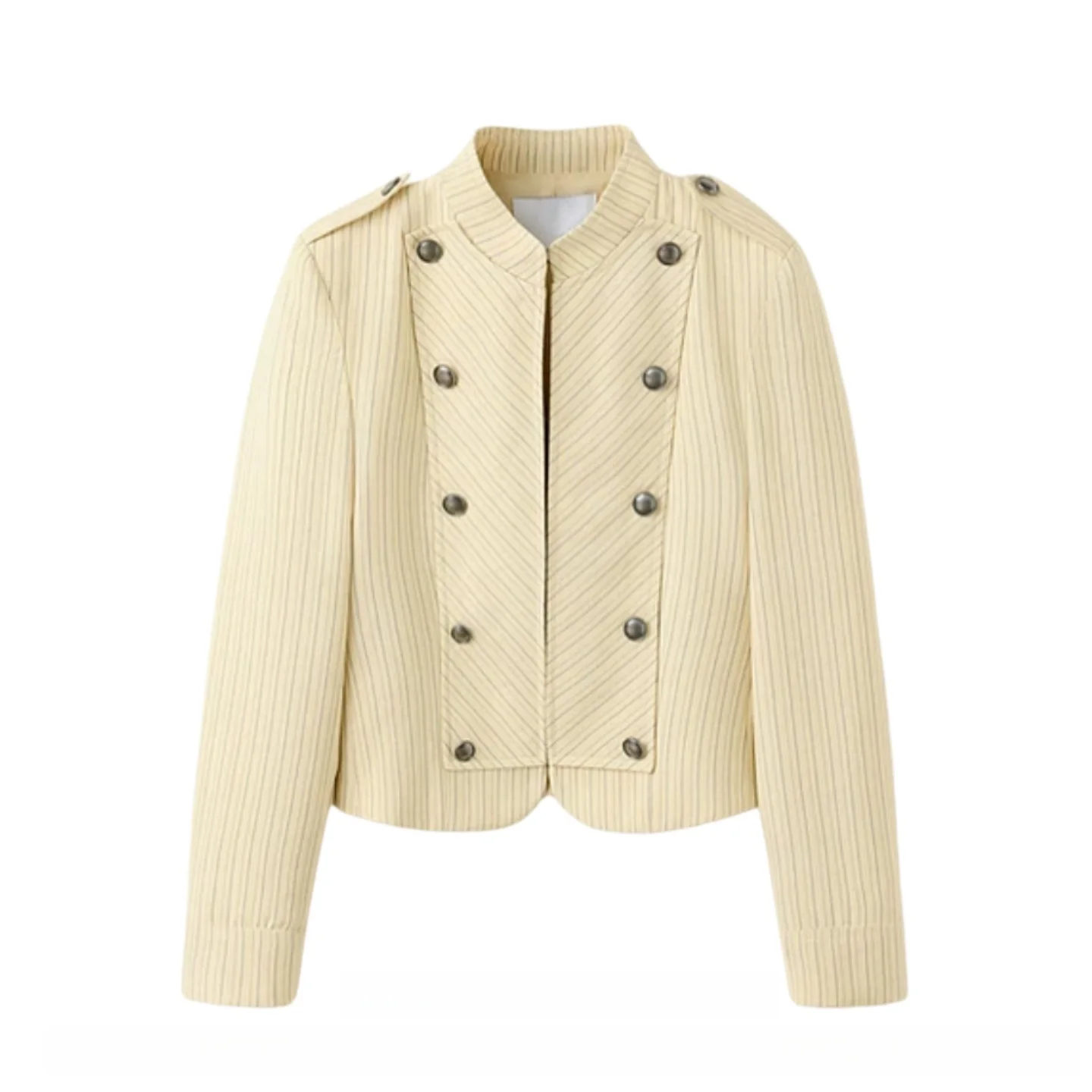 Fashionable Navy Striped Short Jacket Double Row Buttons Elegant Style Cotton Blend Women's Summer 2026 Premium Quality Coat