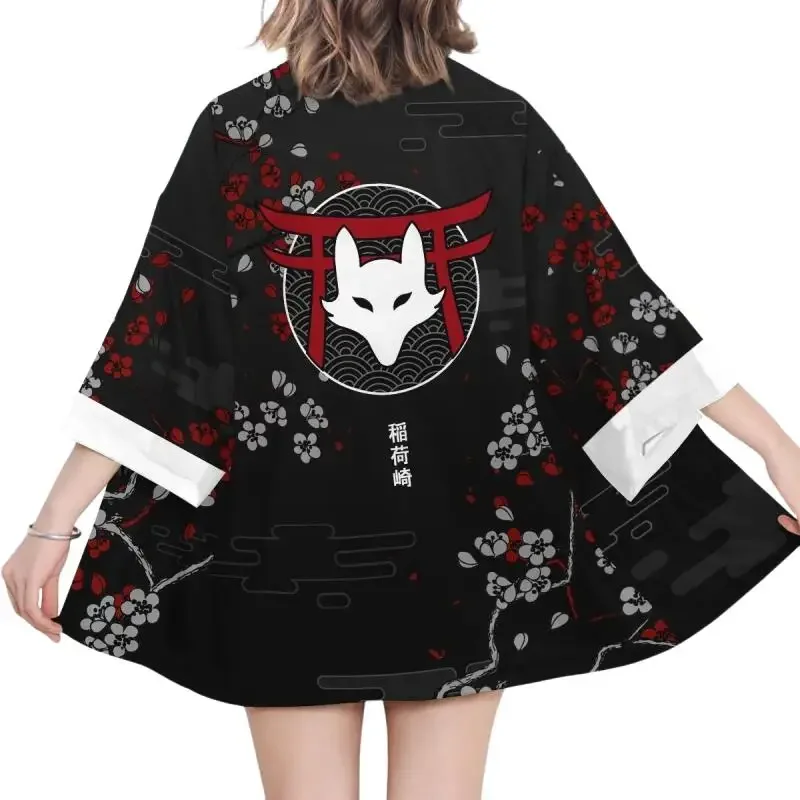 Women Inari Fox Printed Kimono Men Lightweight Japanese Kimono Streetwear 3/4 Sleeve Open Front Cloak Anime Cosplay Costume