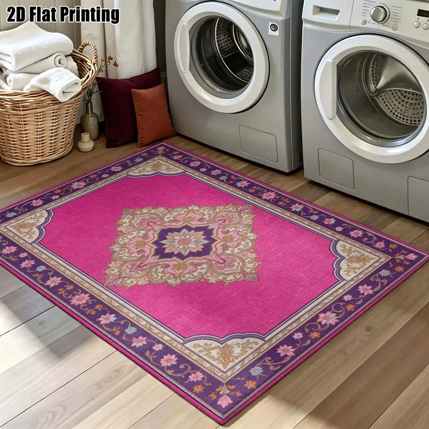 1Pc 2D Printed Magenta Retro European/Bohemian Patterned Carpet, Machine-Washable Floor Mat for Multi-Scene Home Decor, Multiple Sizes