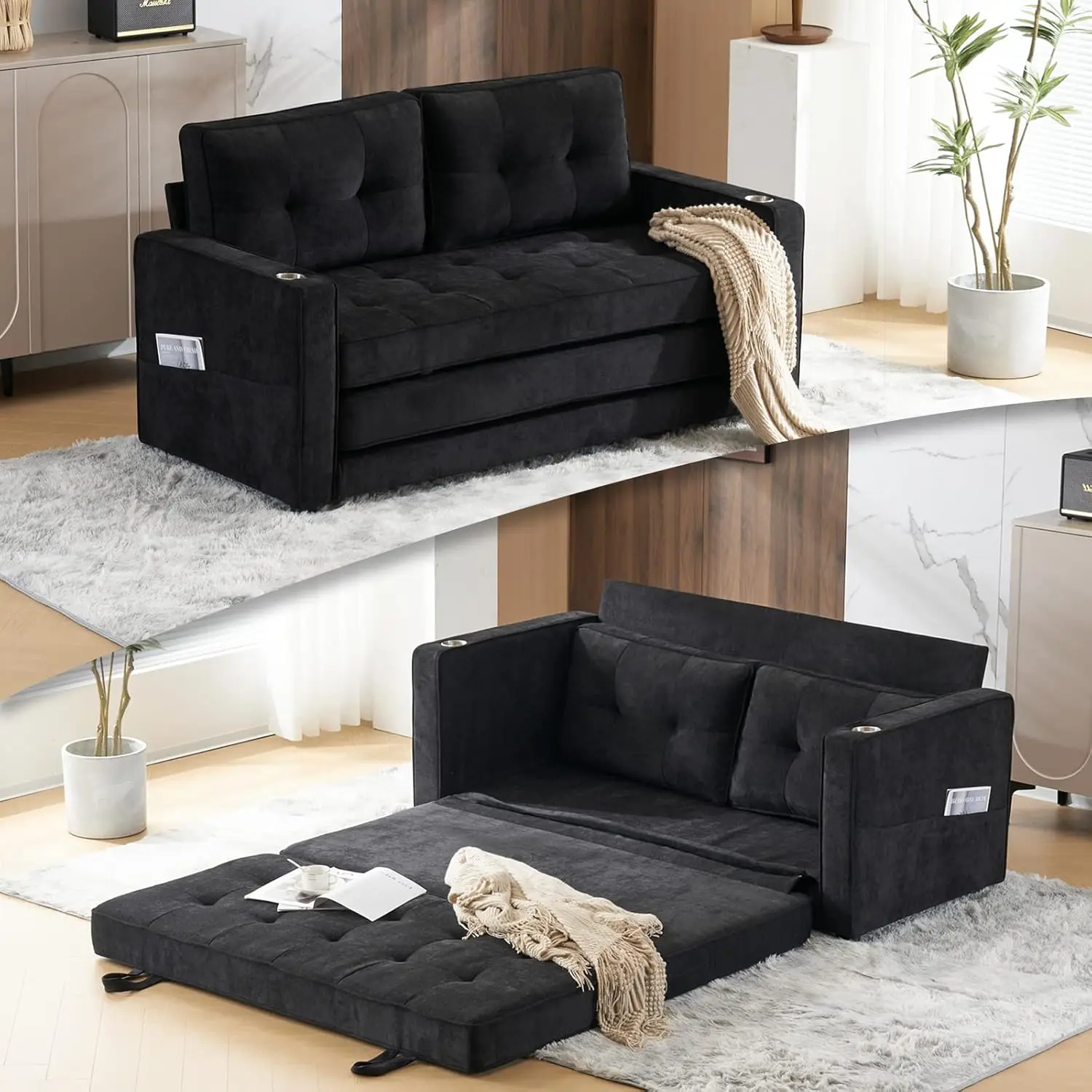 Full Size Futon Sofa Bed Thick Upholstery Chenille Loveseat Sofa Sleeper Pull Out Couch Convertible Floor Couch for Living Room