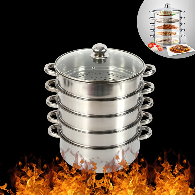 

Stainless Steel Cooker Steam Pot 30cm Glass Lid 5-layer Steamer Cookware Dampfgarer Kitchen Supplies