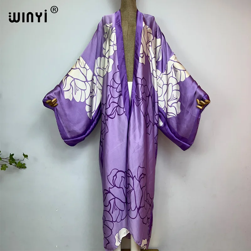 WINYI Kimonos Women Classic flower printing Bikini Cover-ups Elegant Long Sleeve Cardigan Loose beach Sexy Covers party kaftan