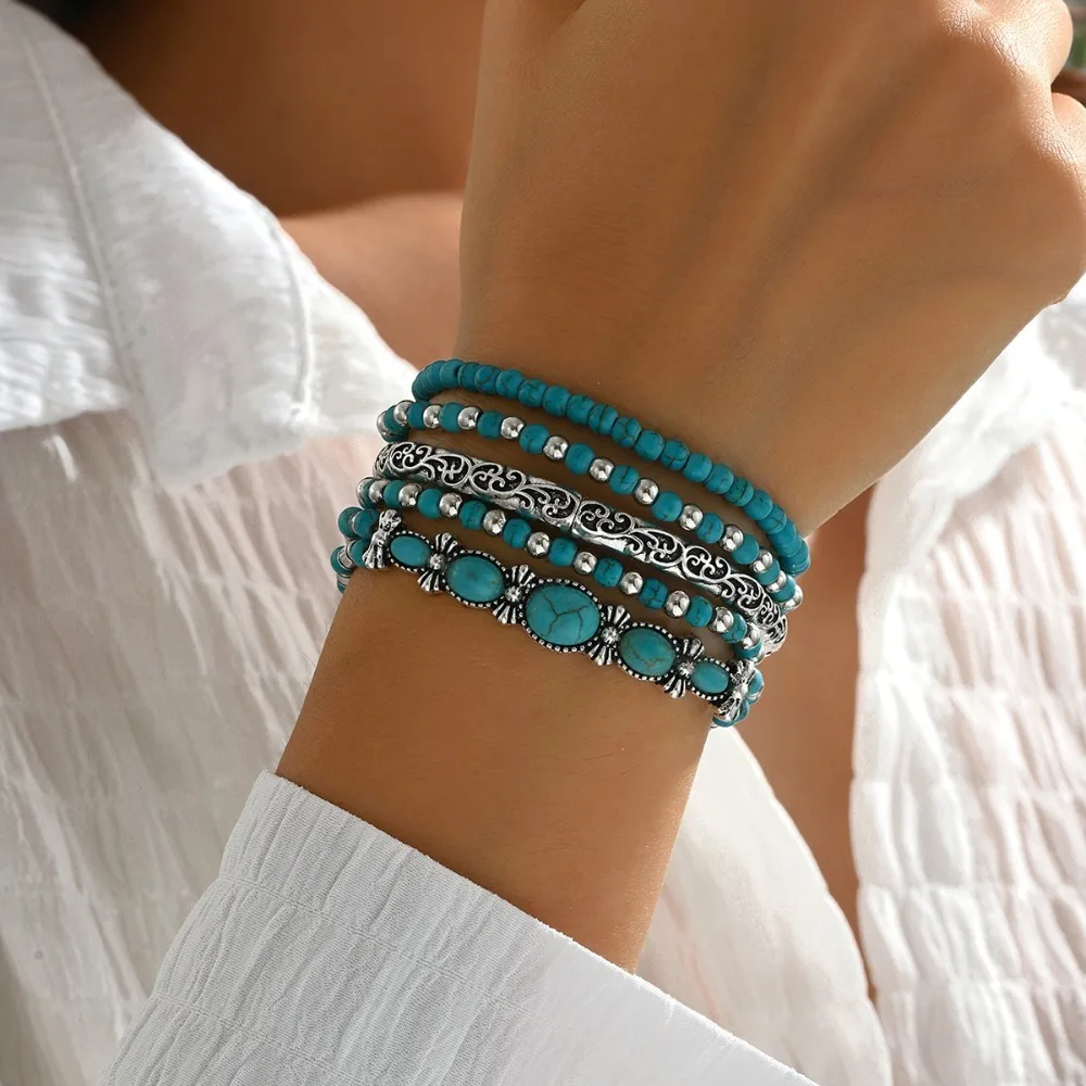 5pcs Set Versatile Retro Carved Ancient Pattern Crack Turquoise Bow Beaded Stack Bracelets for Women Boho Beach Jewelry Sets