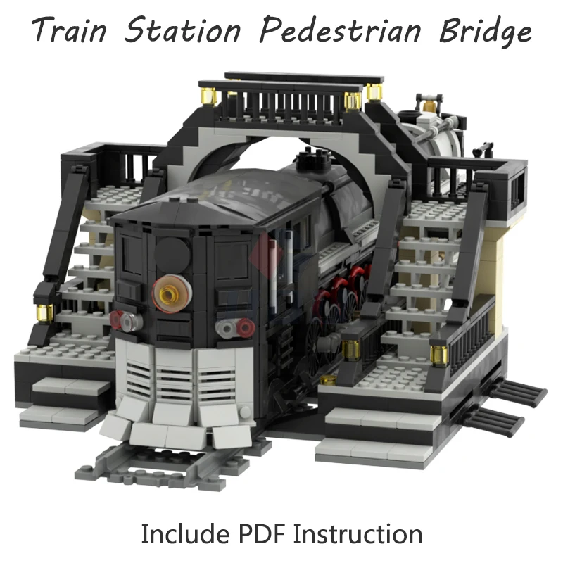 Train Station Pedestrian Bridge Model Set Building Blocks Compatible 53401 Railway Track Parts City Street MOC Bricks Kid Toys