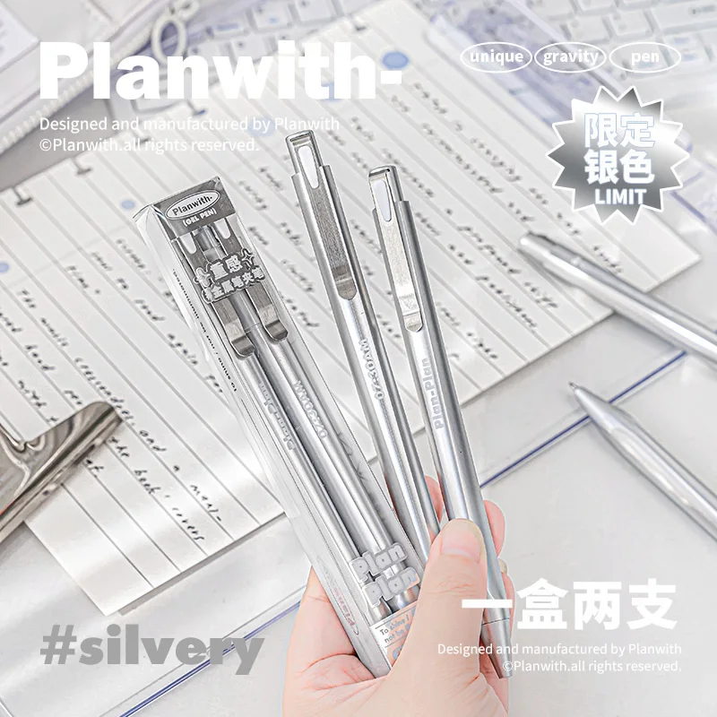 Planwith Metal Heavy Gel Pen 2pcs Set Minimally Designed Signature Pens      0.5mm Black High-end Writing Learning Stationery