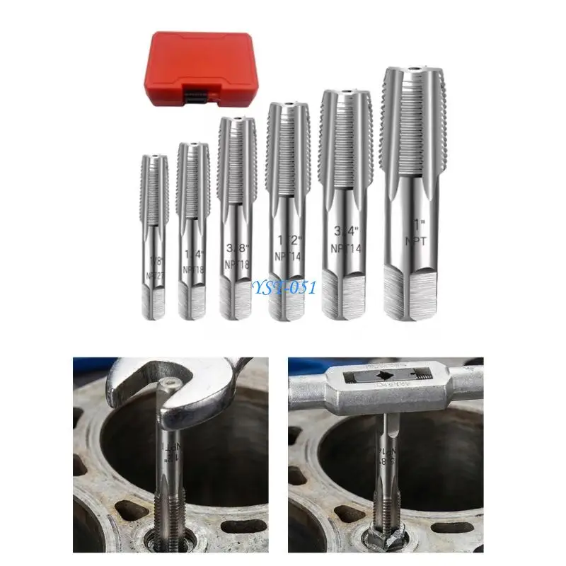 E15A Complete 6Pieces NPT Thread Tap Set Carbon Steel Professional Bolt Removal for Plumbing and DIY Projects