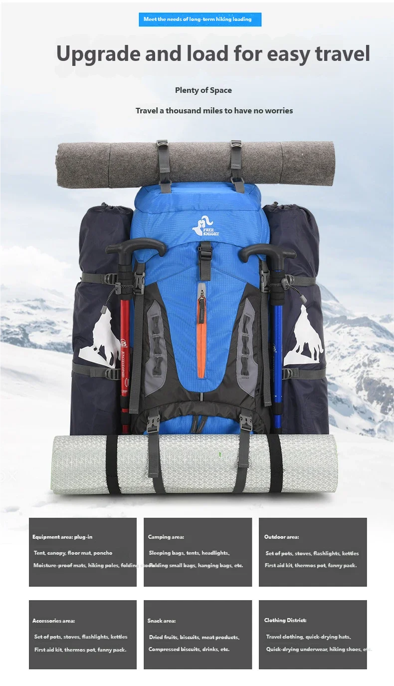 60L Large Capacity Water-Resistant Nylon Hiking Backpack with Rain Cover Rucksack for Outdoor Sports Camping Trekking and Travel