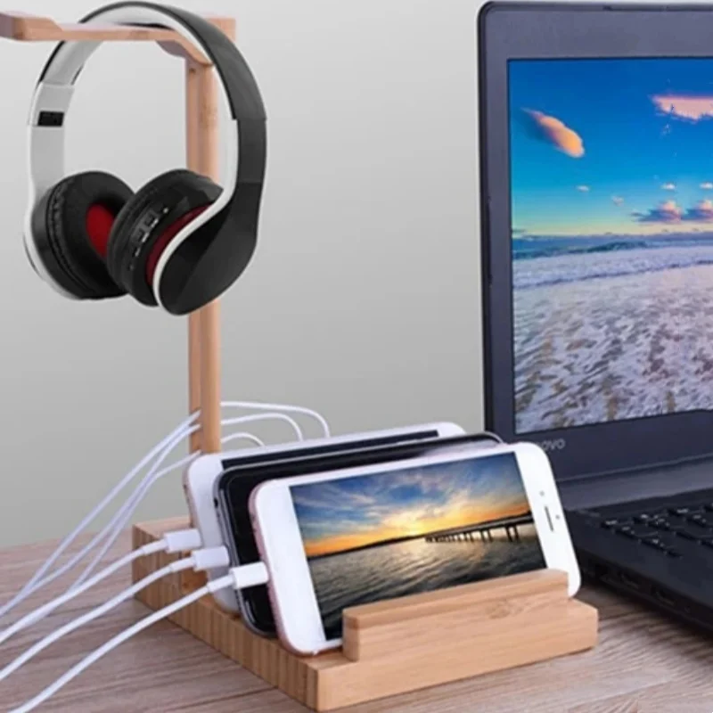 Présentoir pour écouteurs en bois massif, support pour iPhone et iPad, support pour écouteurs perfecemballages, bureau petde charge 3 USB, 3 en 1