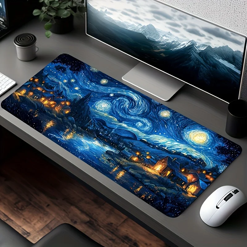 Van Gogh Starry Night Inspired Gaming Mousepad And Desk Mat - Non-Slip Rubber Base, Rectangular PC Accessory, Swirling Blue And Yellow Night Sky Artistic