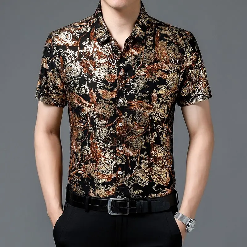 Ice Silk Cool Short Sleeved Shirt for Middle Aged Men Fashionable and Trendy with Gold Foil
