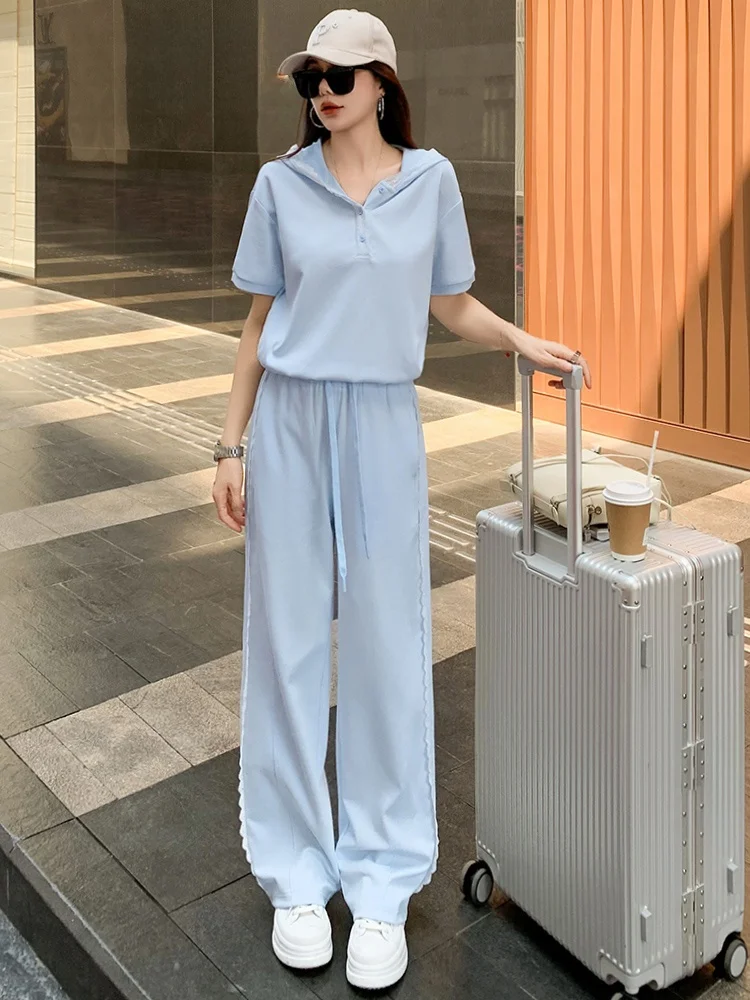 

High-End Blue Casual Sportswear Set for Women with Hood Short Sleeve Wide Leg Pants Two-Piece Set Fashionable Anti-Aging