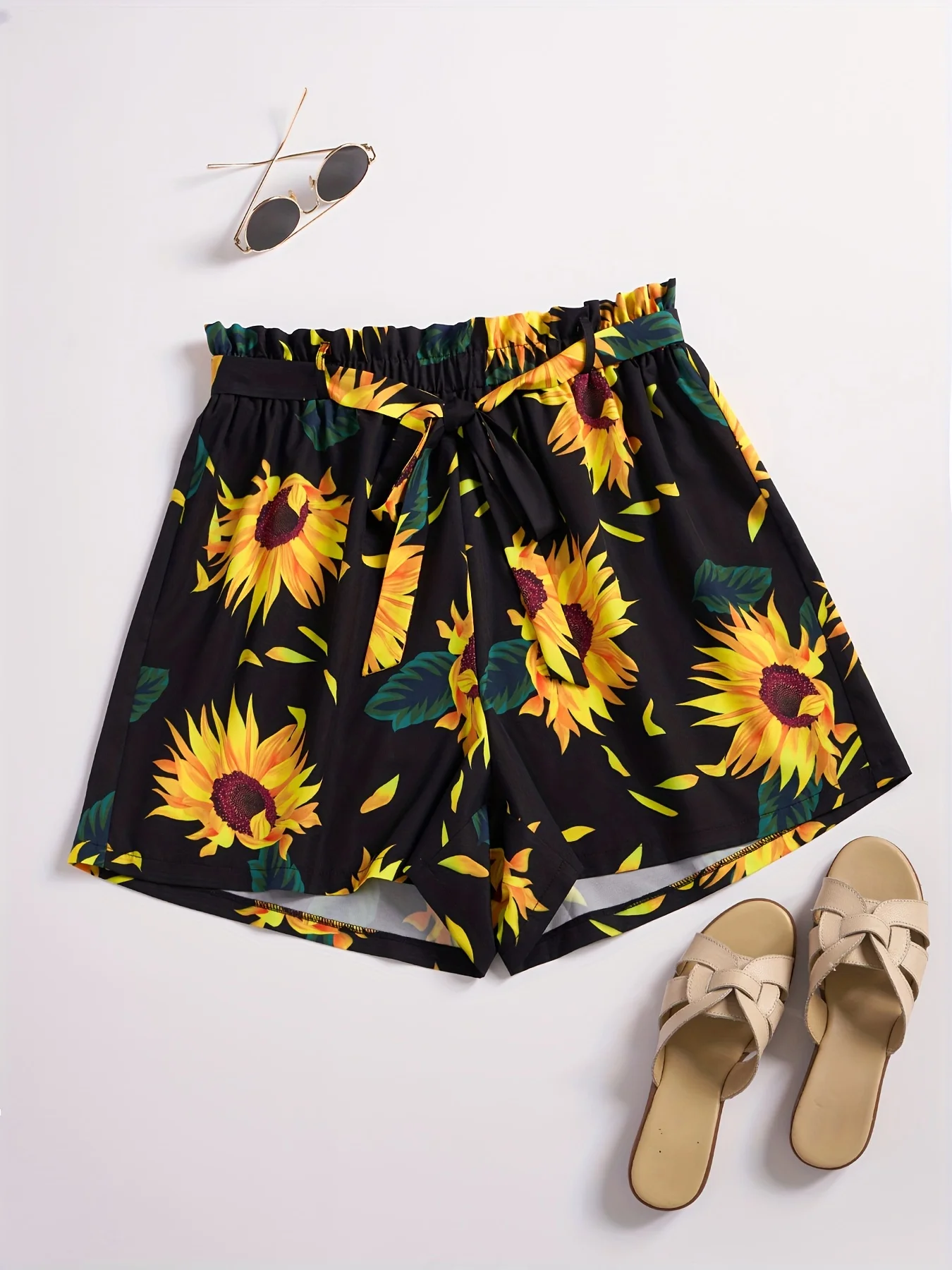 Plus Size Sunflower Print Wide Leg ShortsCasual Elastic Waist Shorts For Spring SummerWomen\'s Plus Size Clothing