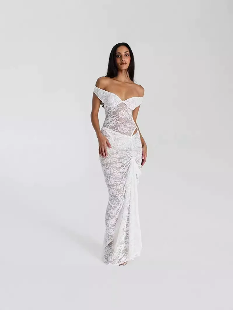 Lace See Through Sexy Two Piece Set Women Elegant Off-shoulder Backless Bodysuit And Maxi Skirt Matching Club Dress Set