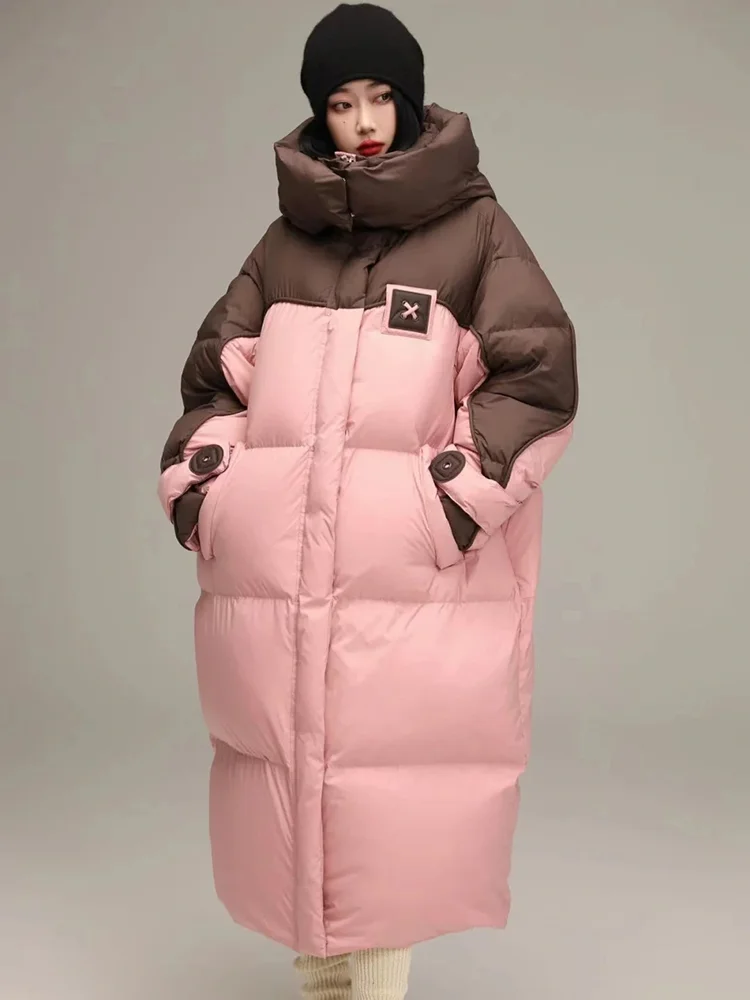 Winter Jacket for Women Thickened Hooded Long Down Coats White Duck Warm Knee-length Color Splicing Winter Jackets Snow Coat