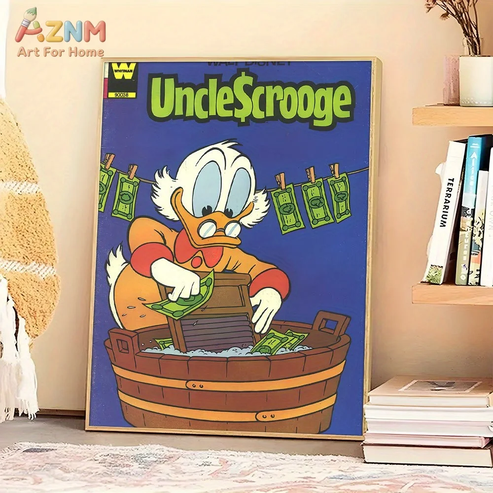 

AZNM Disney Uncle Scrooge McDuck Money Laundry Vintage Comic Canvas Wall Art Frameless Single Panel Classic Cartoon Character Pr