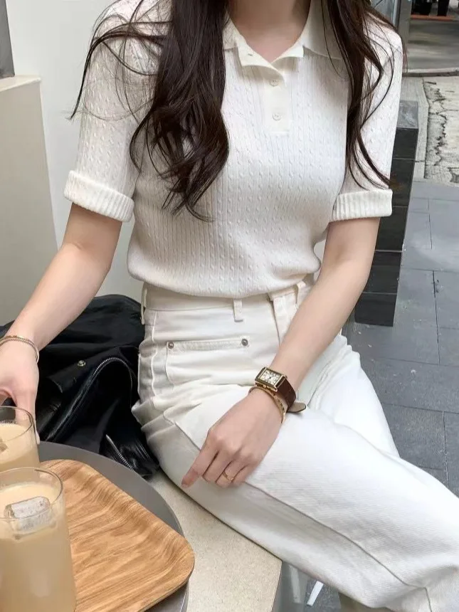 

Elegant French Style Women's Knitwear Summer Half Sleeve Turn-down Collar Slimming Fashionable Top Quality Material