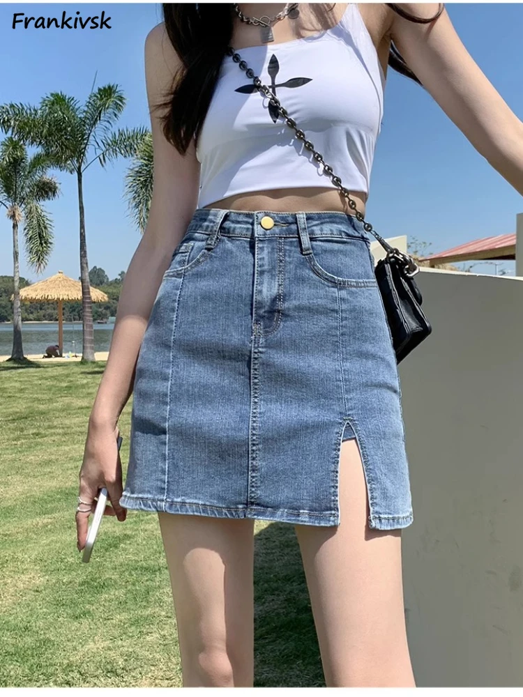 

Skirts for Women Button Youthful Advanced Streetwear Fashion Y2k American Style Leisure Pocket Denim Side-slit Popular Summer