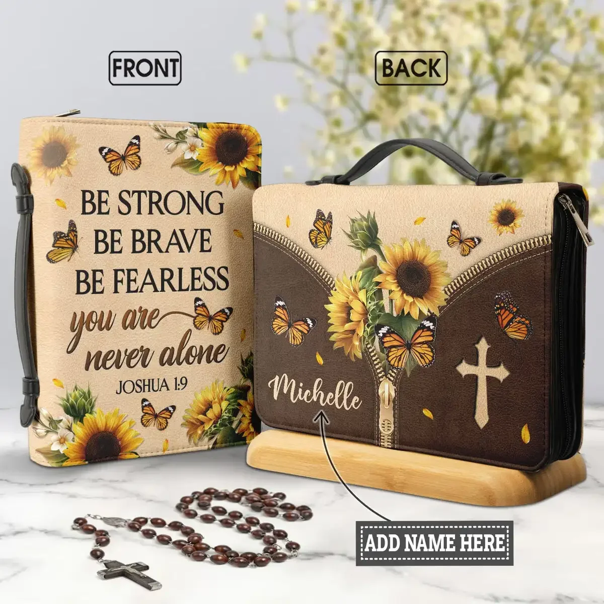 Butterflies Cross Sunflower Bible Verse Print Womens Personalized Bible Cover Leather Christianity Bible Bag Custom Your Name