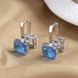 Wholesale Pink Green Blue Square Earrings for Women Silver Color Stainless Steel Zircon Hoop Earring Trendy Wedding Jewelry Gift