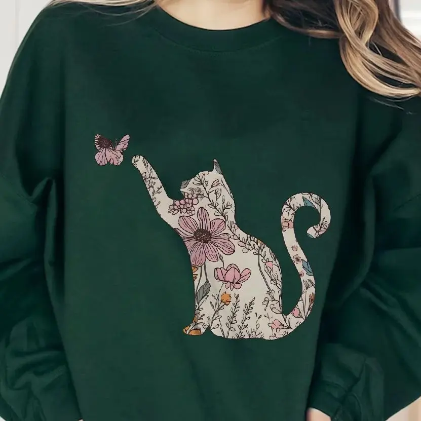

Retro Sweatshirt Long Sleeves Stylish Pullover Y2K Graphic Hoodies Crew Neck Unisex Casual Daily Wear Cat Silhouette Pink Floral