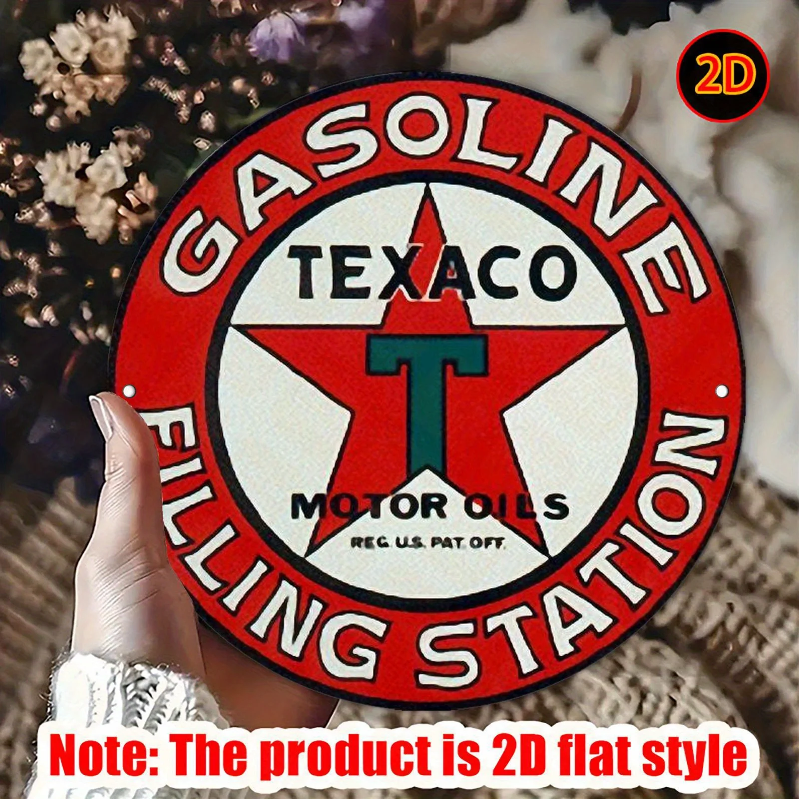 2D Flat, A 2D Flat Vintage Round Metal Sign Plaque Aluminum Painting, an Artistic Representation of the Vintage Texaco Gas
