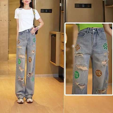 High Waist Ripped Denim Jeans Women's Personali Pattern Embroidery Summer New Loose Straight Vintage Wide Leg Pants