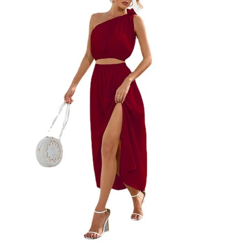 2024station women's clothing fashion oblique shoulder bow suit split expansion skirt dress two-piece set for