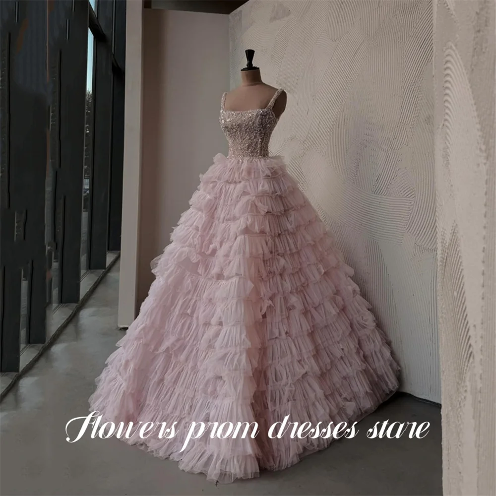 

Flowers Pink A Line Evening Dress Sequined Bodice Ball Gown Princess Tulle Prom Gowns Tiered Ruffled Robe De Soirée Customized