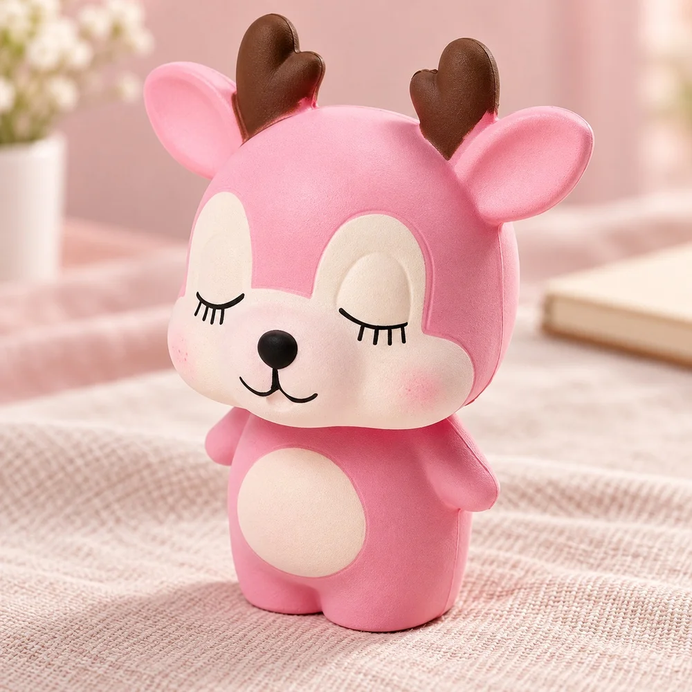 Sleepy Deer Squishy Toy Soft PU Slow Rising Foam Pink Animal Brown Antlers Squeeze Fidget Handheld Gift for Teens and Adults