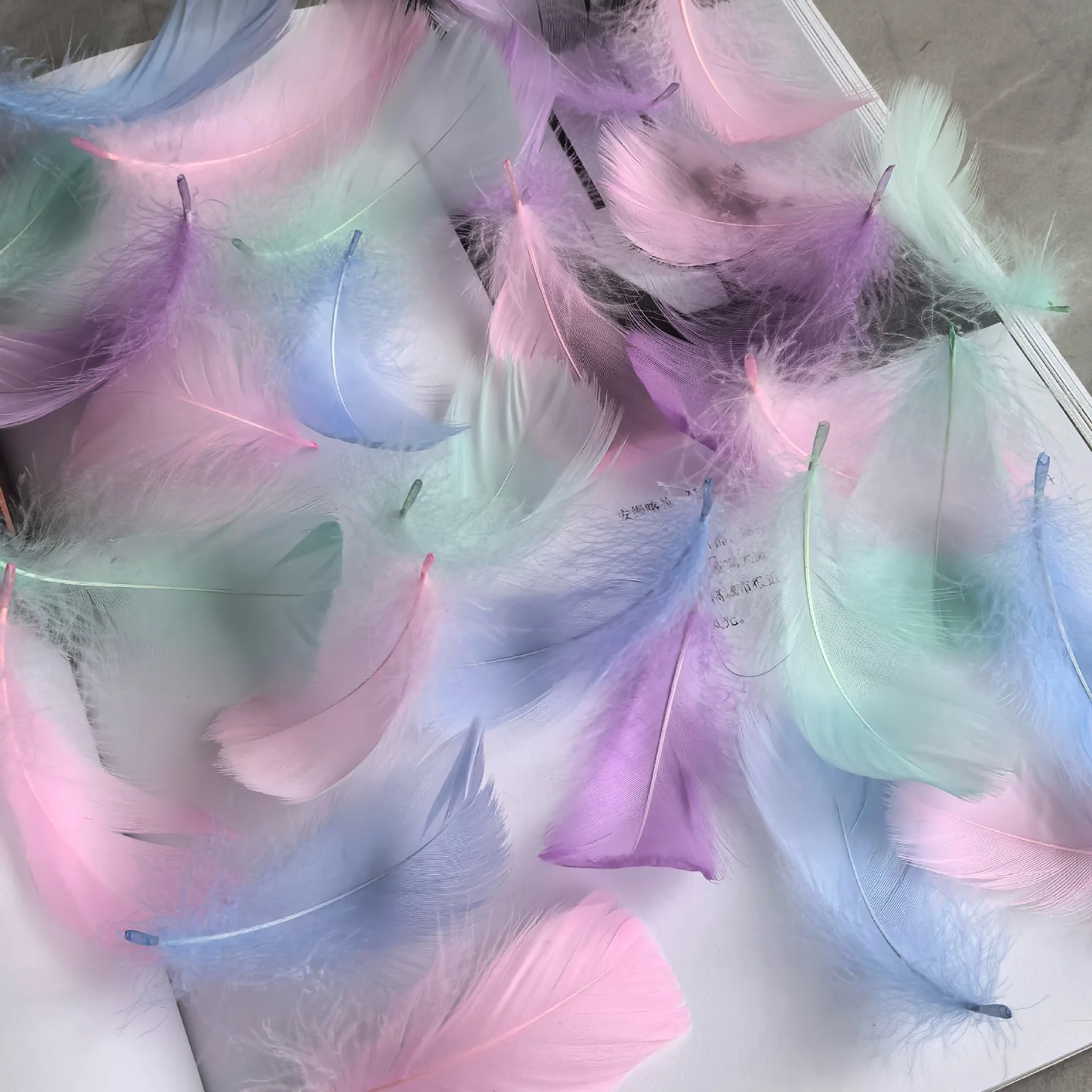 

Goose Feather Light Small Medium and Floating Macaron Colored Feathers Wedding Event Stage Decoration Gift Box Filling Material