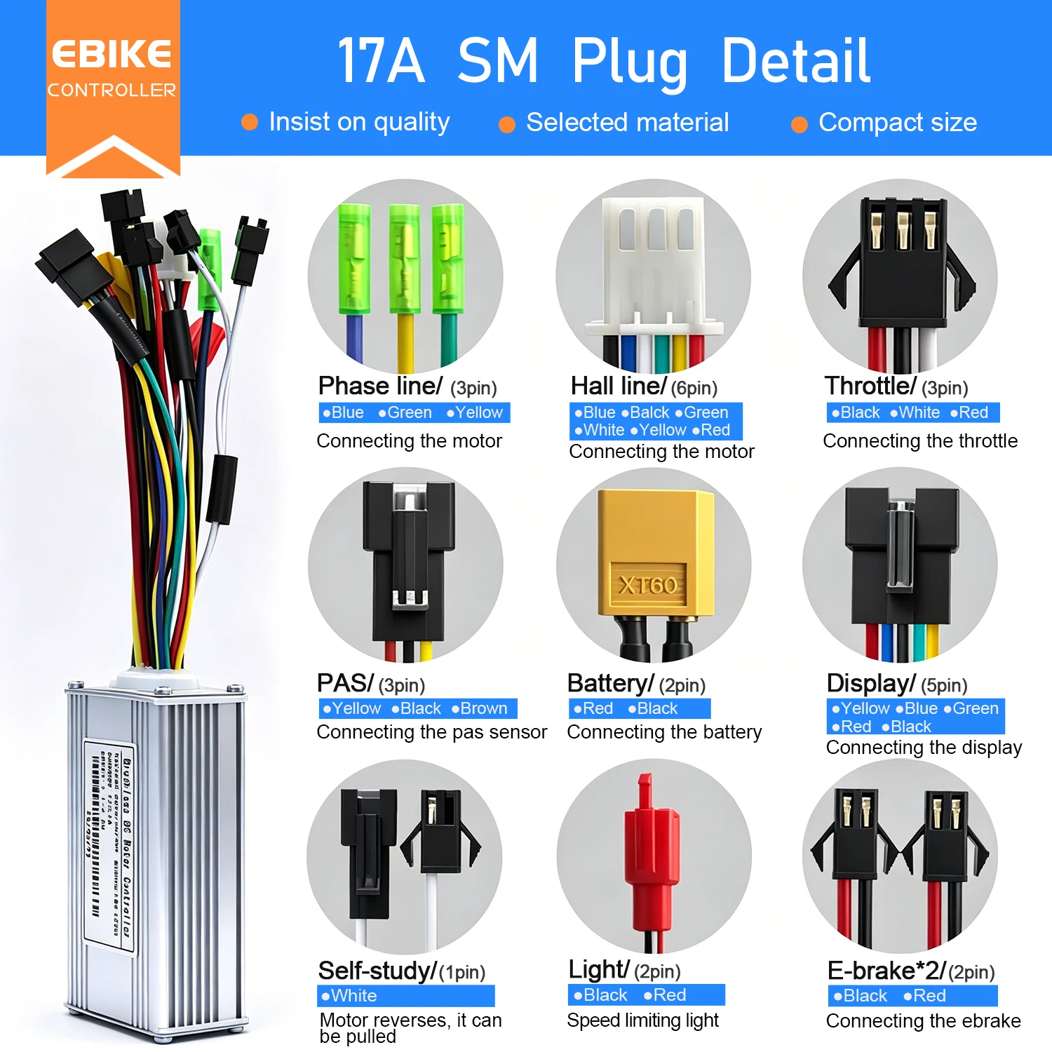 Ebike Sine Wave 3Mode Controller 17A26A30A Self-learning 24V/36V/48V 250W-1000W Controller Compatible with Hall Free HUB Motor