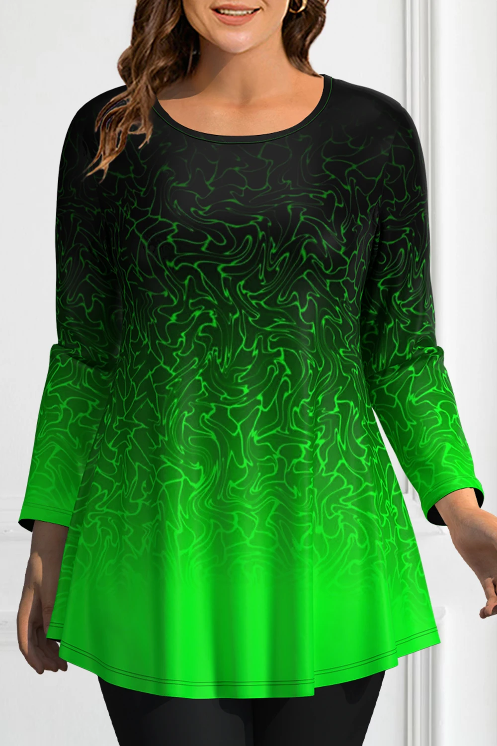 Flycurvy Plus Size Halloween Green Gradient Texture Print Long Sleeve T-Shirt